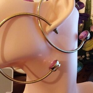 Gold Hoop Earrings with Pink Gem Accents